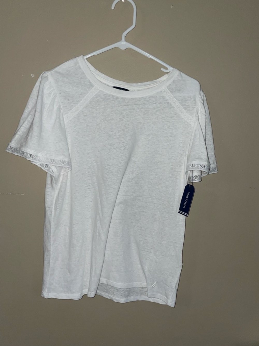 Nautica NWT linen blend White Short Sleeve shirt with Lace Trim size M